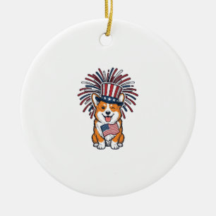 Patriotic Corgi Fireworks Dog Vector Design_1 Ceramic Ornament
