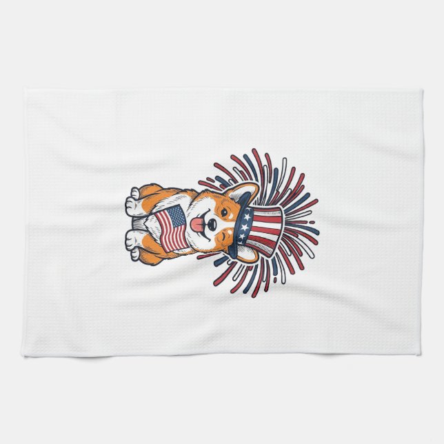 Patriotic Corgi Fireworks Dog Vector Design_1 Kitchen Towel (Horizontal)