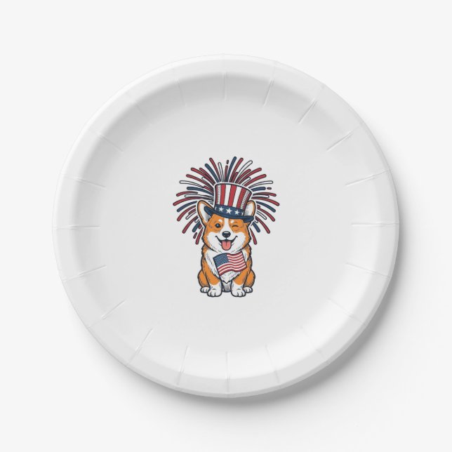 Patriotic Corgi Fireworks Dog Vector Design_1 Paper Plates (Front)