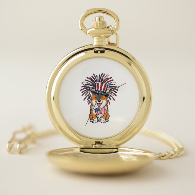Patriotic Corgi Fireworks Dog Vector Design_1 Pocket Watch (Inside)