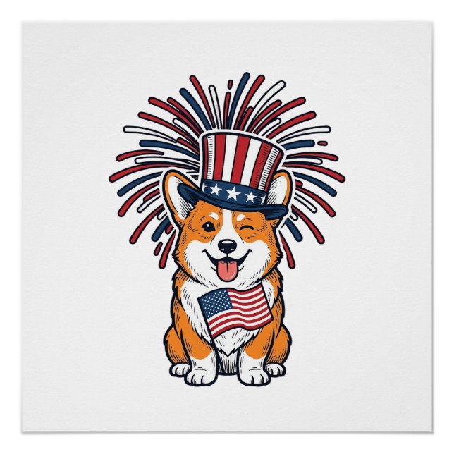 Patriotic Corgi Fireworks Dog Vector Design_1 Poster (Front)