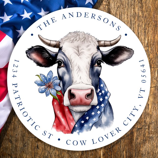 Patriotic Cow 4th Of July Farm Return Address Classic Round Sticker (Creator Uploaded)