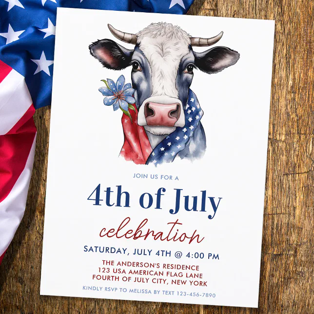 Patriotic Cow 4th Of July Red White & Blue Party Invitation Postcard ...