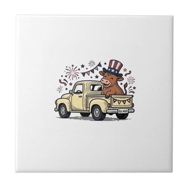 Patriotic Cow 4th of July Truck Vector Design_1 Ceramic Tile (Front)