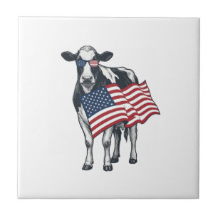 Patriotic Cow American Flag Vintage Engraving Desi Ceramic Tile