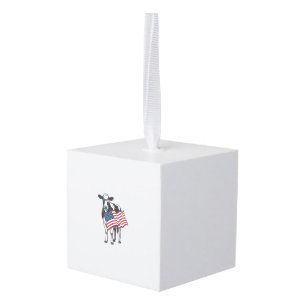 Patriotic Cow American Flag Vintage Engraving Desi Cube Ornament