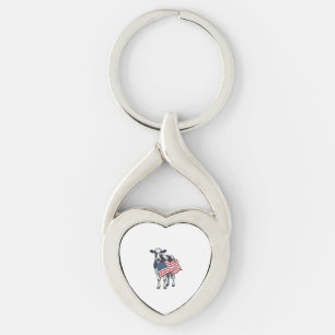 Patriotic Cow American Flag Vintage Engraving Desi Keychain