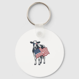 Patriotic Cow American Flag Vintage Engraving Desi Keychain