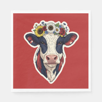 Patriotic Cow Floral Crown 4th of July Napkins