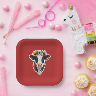 Patriotic Cow Floral Crown 4th of July Paper Plates