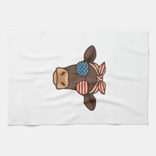 Patriotic Cow Head Sunglasses Vintage Design_1 Kitchen Towel