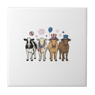 Patriotic Cow Lineup Vintage Vector Shirt Design_1 Ceramic Tile