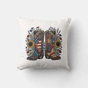 Patriotic Cowboy Boots Sunflower Floral Shirt Desi Throw Pillow