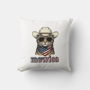 Patriotic Cowboy Cat Mewica Vintage Vector Design_ Throw Pillow