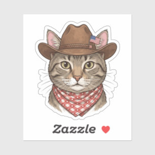 Patriotic Cowboy Cat USA American Flag 4th of July Sticker
