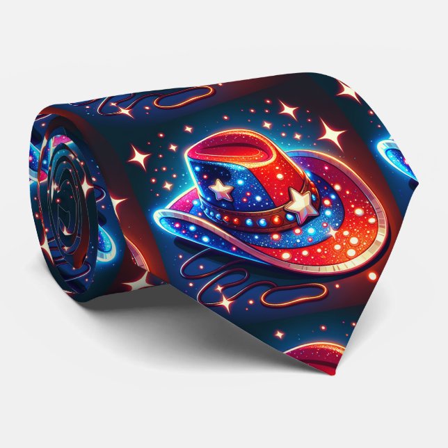 Patriotic Cowboy Hat Red White And Blue  Neck Tie (Rolled)
