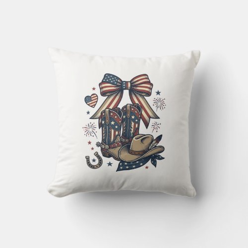 Patriotic Cowgirl Boots and Bow Western Shirt Desi Throw Pillow