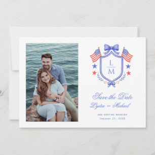 Patriotic Crest w/ US Flags Monogram Save The Date