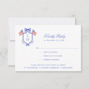 Patriotic Crest with Flags Monogram Wedding RSVP Card