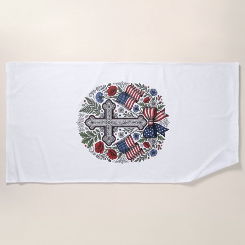 Patriotic Cross Floral Flag Vintage Beach Towel