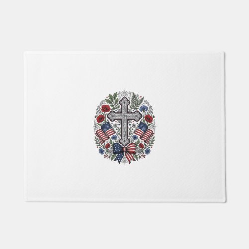 Patriotic Cross Floral Flag Vintage Doormat