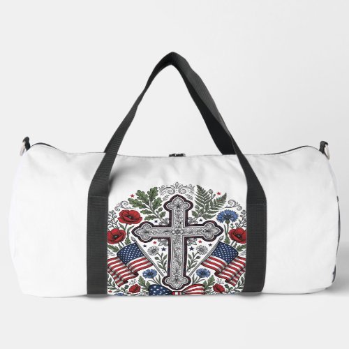 Patriotic Cross Floral Flag Vintage Duffle Bag