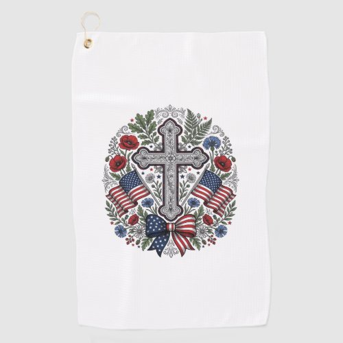 Patriotic Cross Floral Flag Vintage Golf Towel