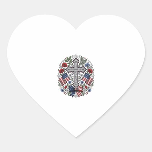 Patriotic Cross Floral Flag Vintage Heart Sticker