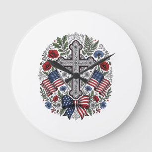 Patriotic Cross Floral Flag Vintage Large Clock