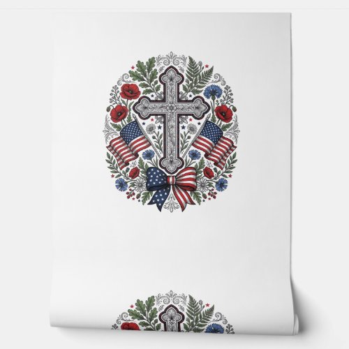 Patriotic Cross Floral Flag Vintage Wallpaper