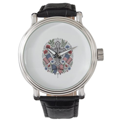Patriotic Cross Floral Flag Vintage Watch