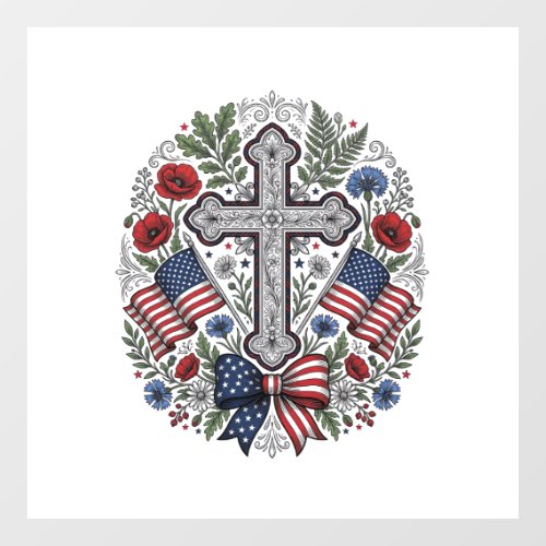 Patriotic Cross Floral Flag Vintage Window Cling