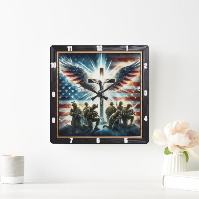 Patriotic Cross Military Tribute Square Wall Clock (Home)