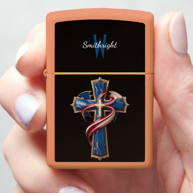 Patriotic Cross With Red, White, and Blue Ribbon Zippo Lighter (In Hand)