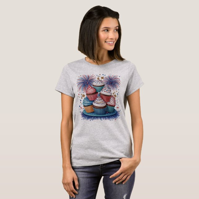 Patriotic Cupcake Fireworks Red White & Blue T-Shirt (Front Full)