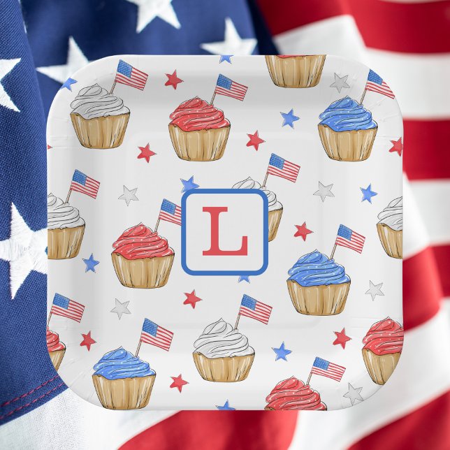 Patriotic Cupcake Monogram Red White Blue Party Paper Plates (Creator Uploaded)
