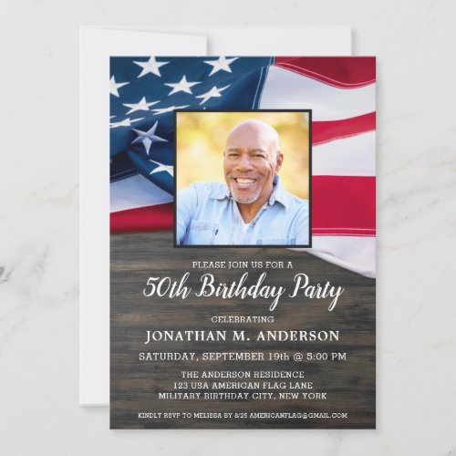 Patriotic Custom Photo American Flag Birthday  Invitation - USA American Flag Birthday Party Invitations. Invite friends and family to your patriotic birthday celebration with these modern American Flag invitations. Personalize this american flag invitation with your event, photo, name, and party details.
See our collection for matching patriotic birthday gifts ,party favors, and supplies. COPYRIGHT © 2021 Judy Burrows, Black Dog Art - All Rights Reserved. Patriotic Custom Photo American Flag Birthday Invitation