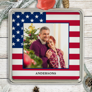 Patriotic Custom Photo American Flag Christmas  Metal Ornament