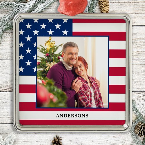 Patriotic Custom Photo American Flag Christmas  Metal Ornament