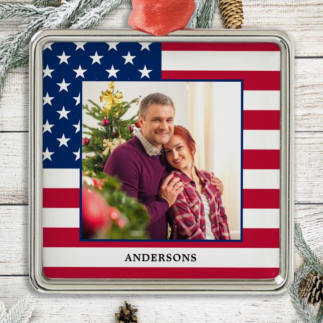 Patriotic Custom Photo American Flag Christmas  Metal Ornament (Creator Uploaded)