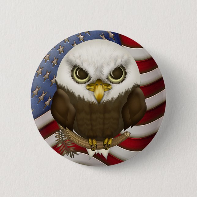 Patriotic Cute Bald Eagle And US Flag Pinback Button (Front)