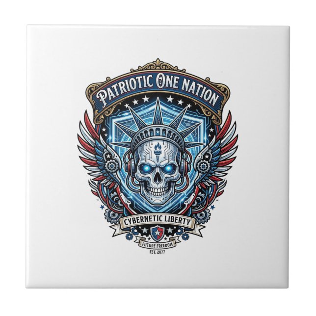 Patriotic Cyber Liberty Skull Cyberpunk Future Fre Ceramic Tile (Front)