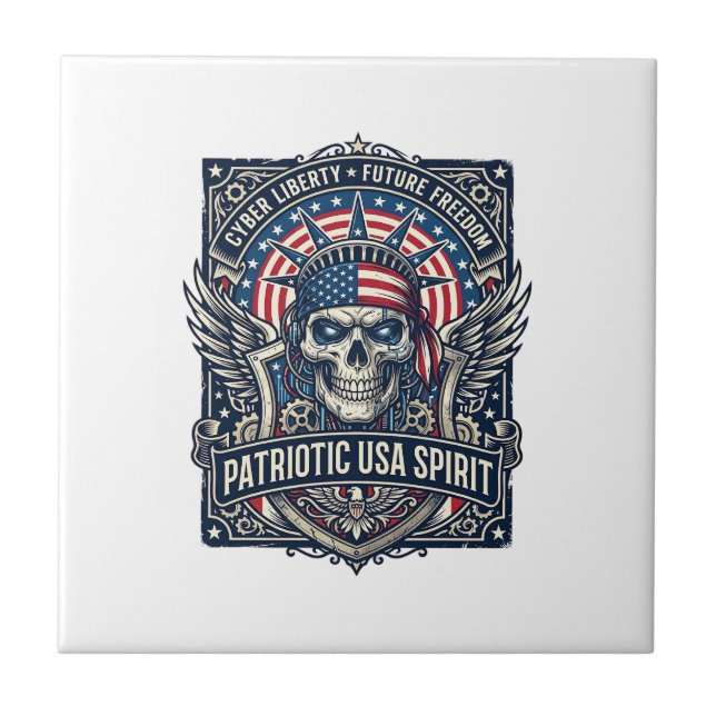 Patriotic Cyber Liberty Skull Cyberpunk Future Fre Ceramic Tile (Front)