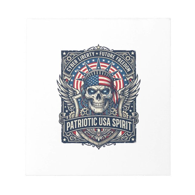 Patriotic Cyber Liberty Skull Cyberpunk Future Fre Notepad (Front)