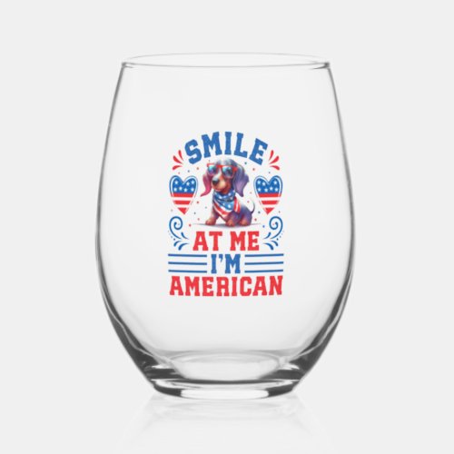 Patriotic Dachshund Dog for 4th Of July Stemless Wine Glass