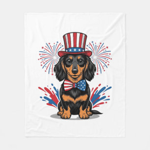 Patriotic Dachshund Fireworks Vintage Vector Art_1 Fleece Blanket