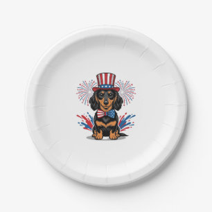 Patriotic Dachshund Fireworks Vintage Vector Art_1 Paper Plates