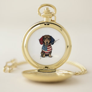 Patriotic Dachshund Vintage Engraving Vector Desig Pocket Watch