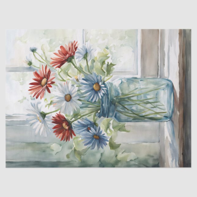 Patriotic Daisies in a Mason Jar Watercolor Tissue Paper (Front)