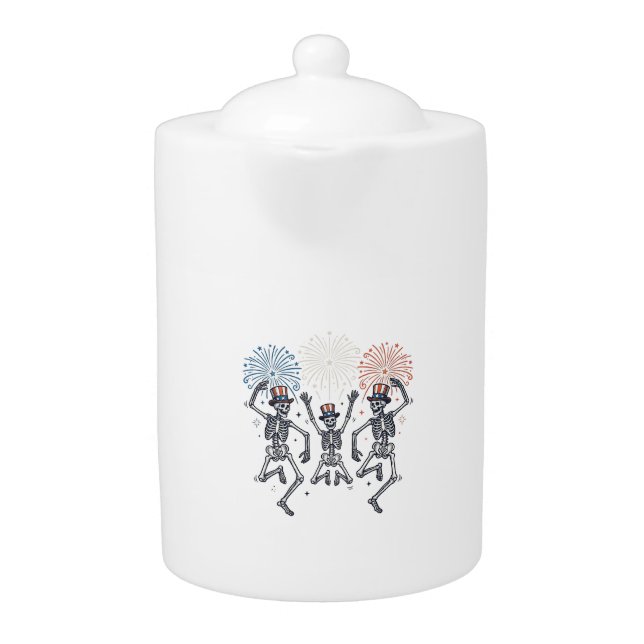 Patriotic Dancing Skeleton Fireworks Vintage Shirt Teapot (Front)